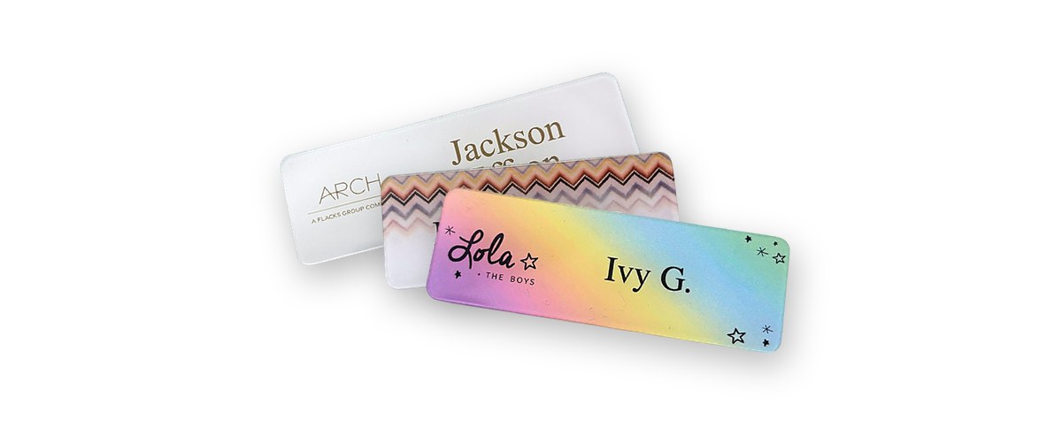 Clear acrylic name tags fanned out